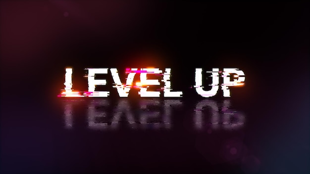 3D rendering level up text with screen effects of technological glitches