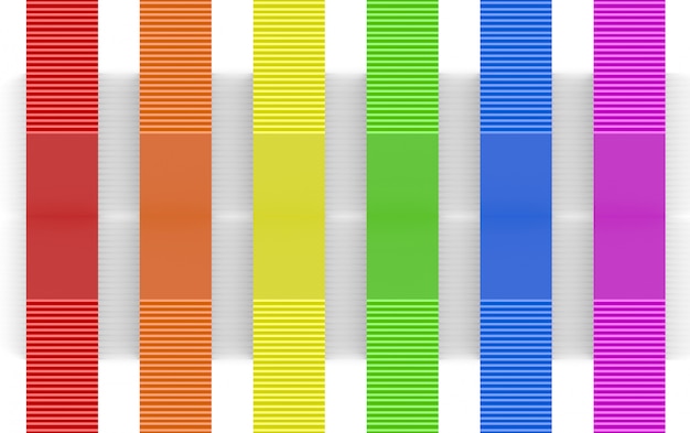 3d rendering. LGBT rainbow color design panel bars on white wall background.