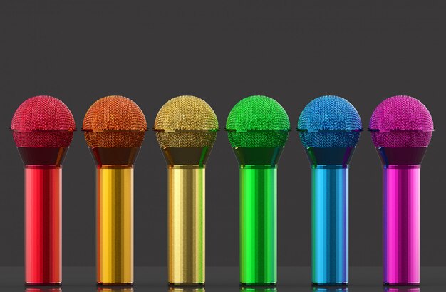 3d rendering. Lgbt rainbow color microphone row on gray wall