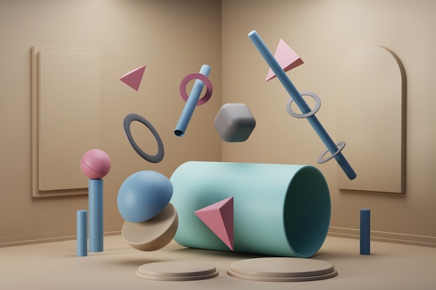3D-rendering lichtbruin voetstuk met abstracte geometrische achtergrond