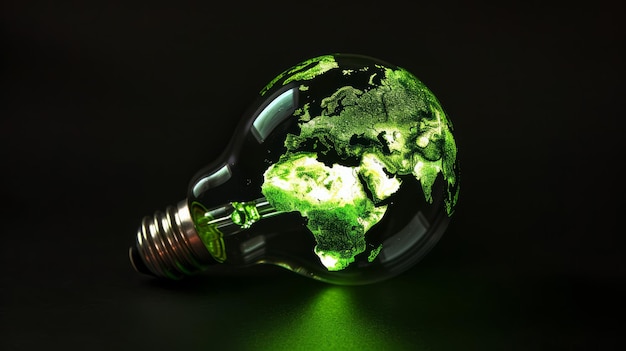 Un rendering 3d di una lampadina con una mappa del mondo verde illustra la sostenibilità globale e l'innovazione ecologica sullo sfondo bokeh per un concetto ambientale