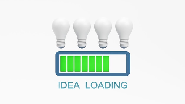 Foto rendering 3d della lampadina e simbolo della scala di caricamento dell'idea icona creativa