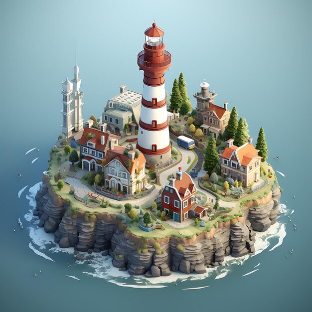 3d rendering of lighthouse city isometric miniature