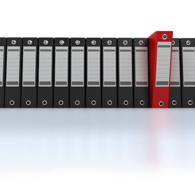 3D rendering of a line of office ring binders with one sticking out