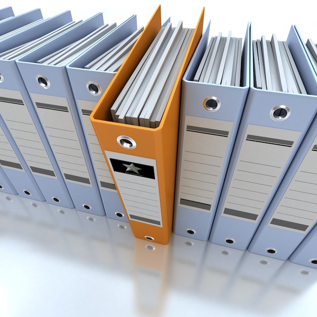 Photo 3d rendering of a line of office ring binders with one sticking out