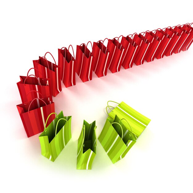 3D rendering of a line of red and green shopping bags