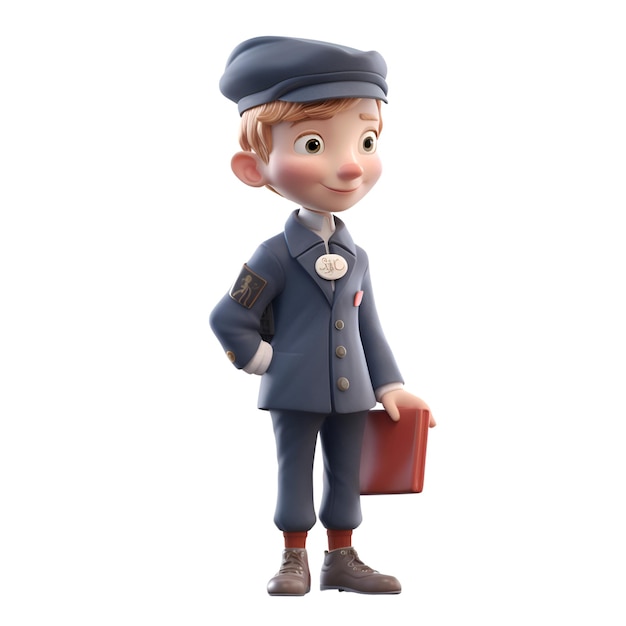 3D rendering of a little boy in a uniform with a suitcase