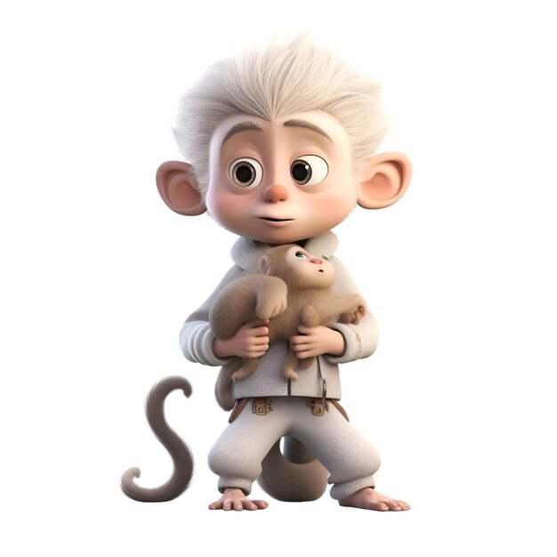 3D rendering of a little boy with a monkey on a white background