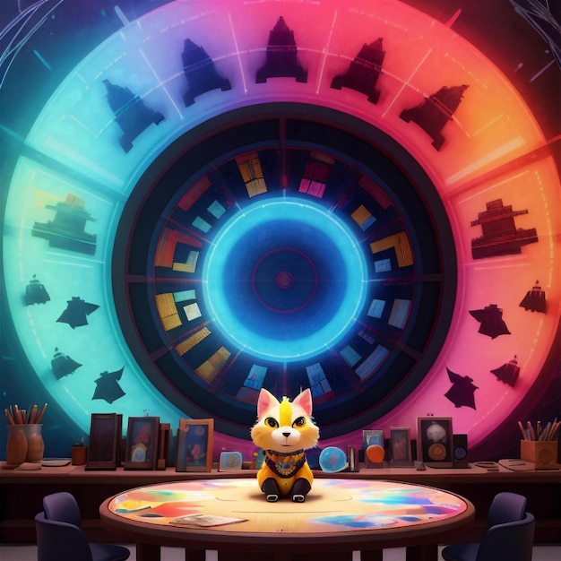 Photo 3d rendering of a little cat sitting on a round table in an office