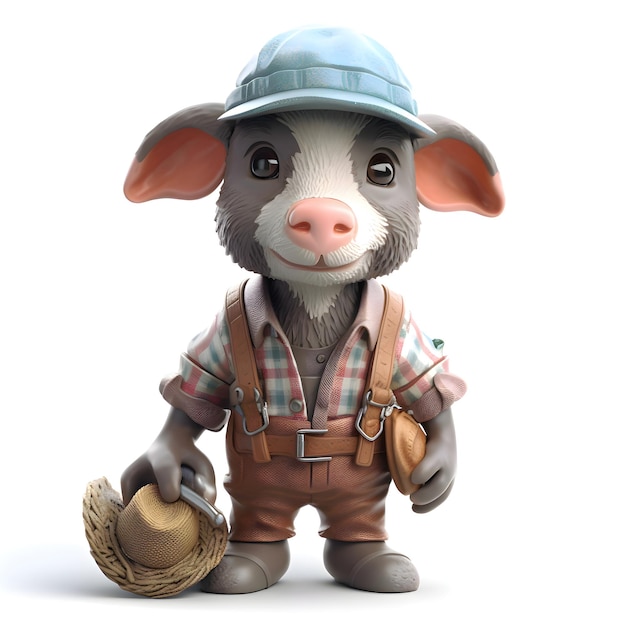 3D rendering of a little farmer with a hat and a pig