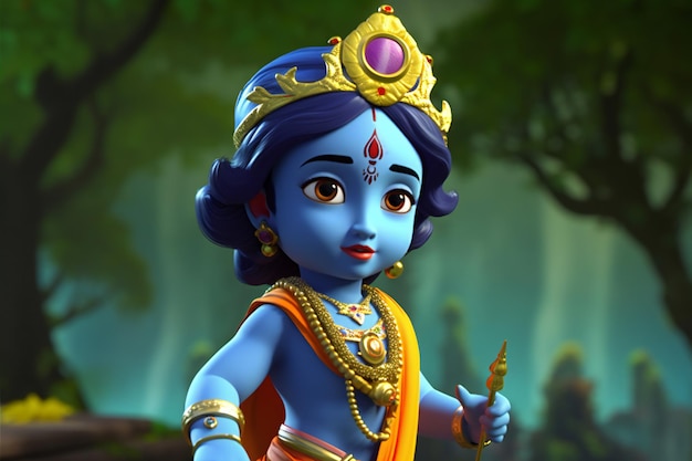 3D Rendering of Little Krishna Playing in Vrindavan