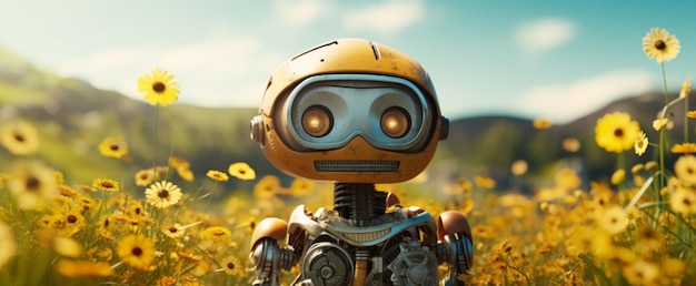 3d rendering of a little robot in a field of yellow flowers