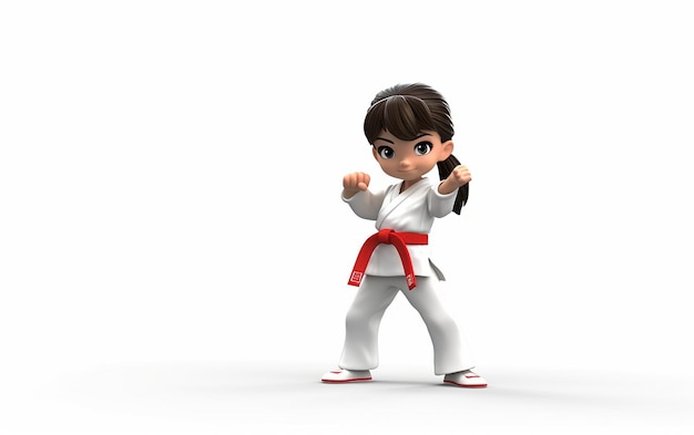 Photo 3d rendering of a little taekwondo girl isolated on white