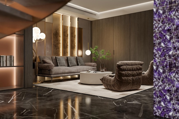 Rendering 3d di soggiorno e spazio familiare