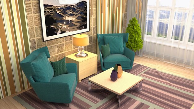 3D rendering of the living room interior