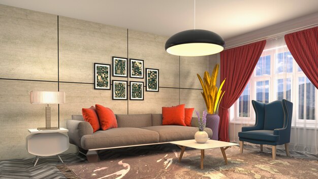 3D rendering of the living room interior