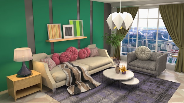 Photo 3d rendering of the living room interior