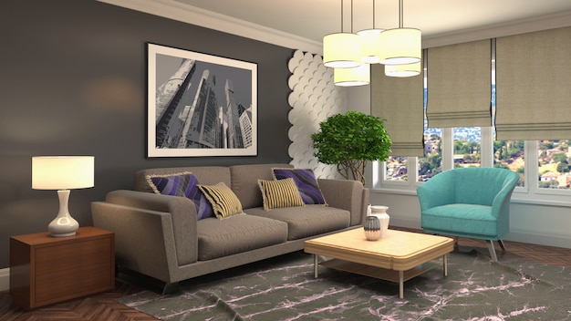 3D rendering of the living room interior