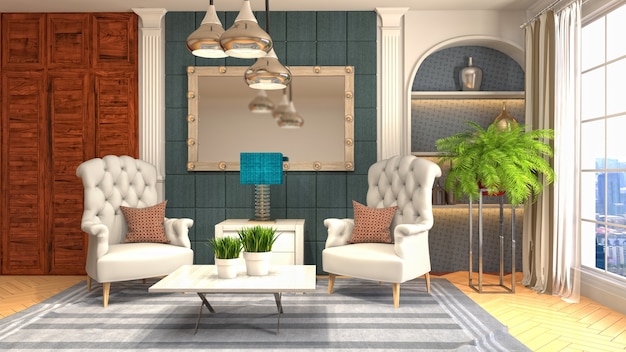 3D rendering of the living room interior