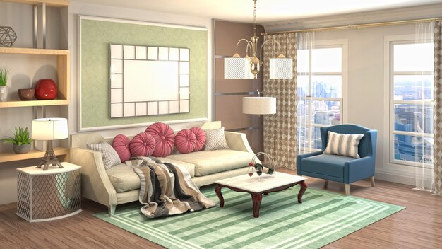 3D rendering of the living room interior