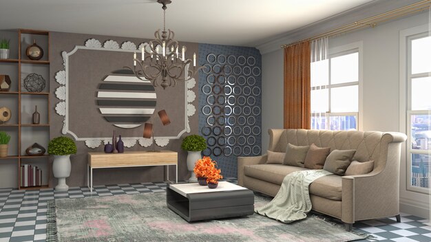 3D rendering of the living room interior