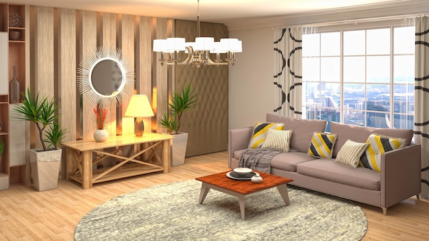 3D rendering of the living room interior