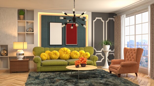 3D rendering of the living room interior