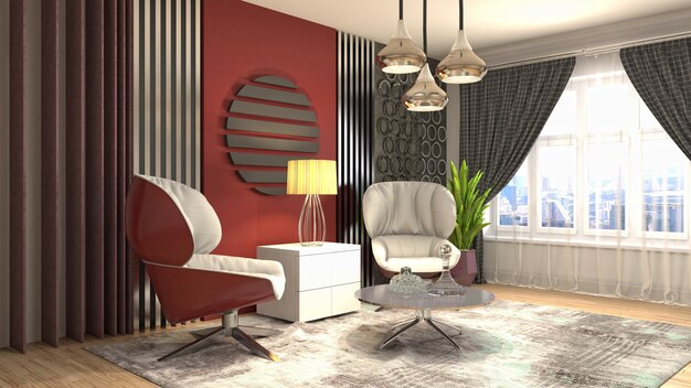 3D rendering of the living room interior