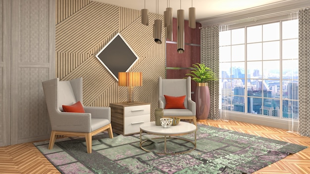 3D rendering of the living room interior