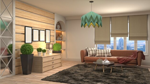 3D rendering of the living room interior