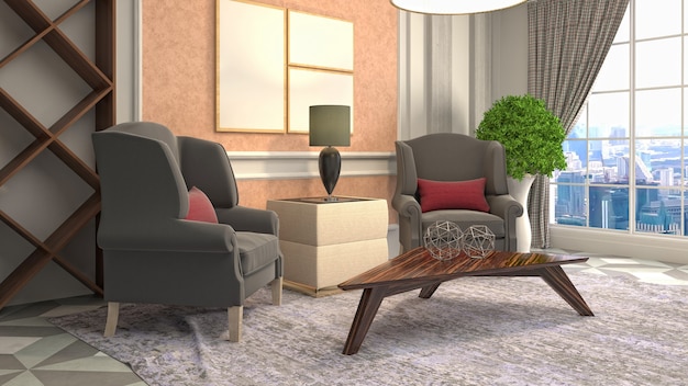 3D rendering of the living room interior