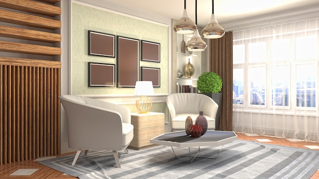 3D rendering of the living room interior