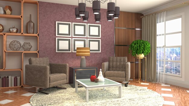 3D rendering of the living room interior