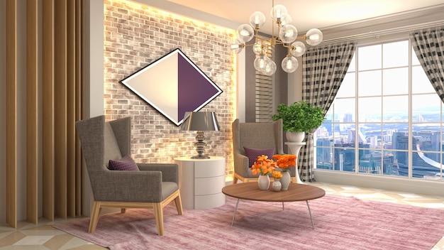 3D rendering of the living room interior