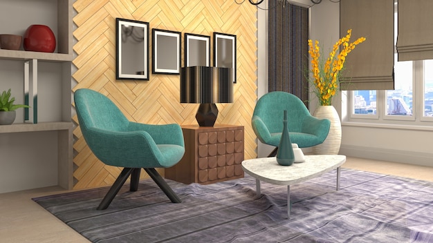 3D rendering of the living room interior