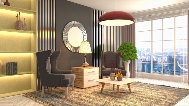 3D rendering of the living room interior