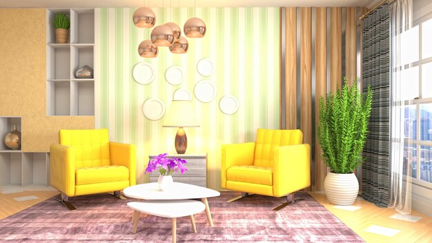 3D rendering of the living room interior