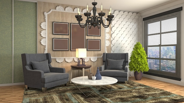 3D rendering of the living room interior