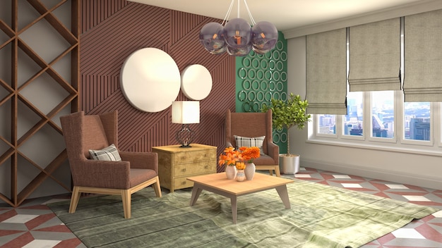 3D rendering of the living room interior