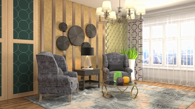 3D rendering of the living room interior