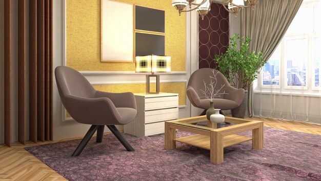 3D rendering of the living room interior