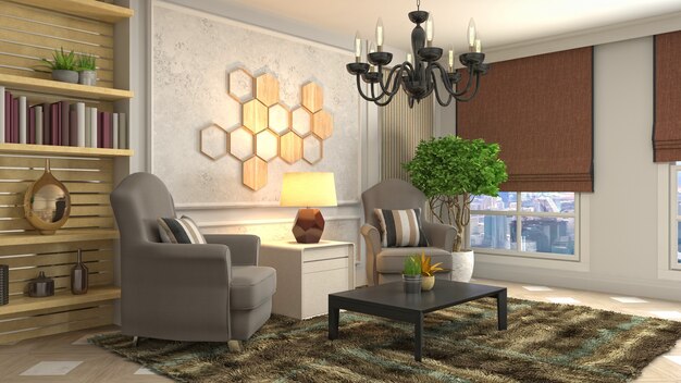 3D rendering of the living room interior