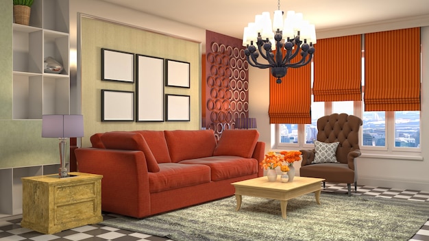 3D rendering of the living room interior