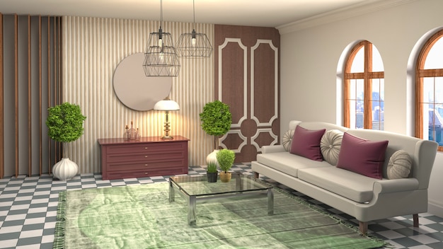 3D rendering of the living room interior