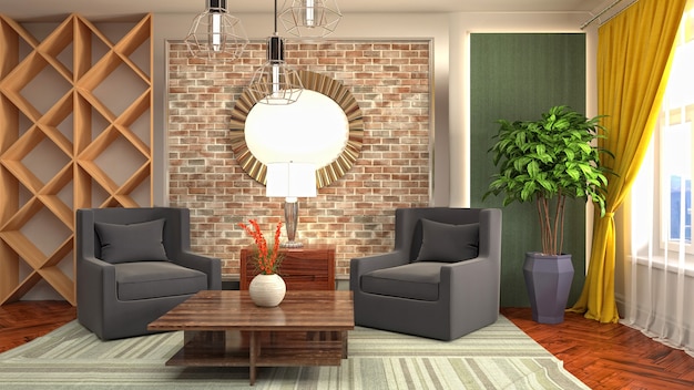 3D rendering of the living room interior