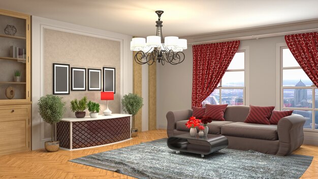 3D rendering of the living room interior