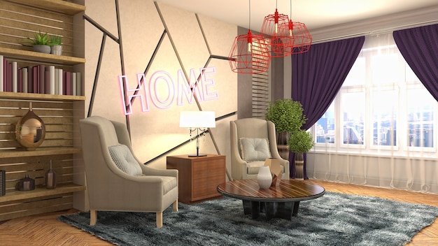 3D rendering of the living room interior