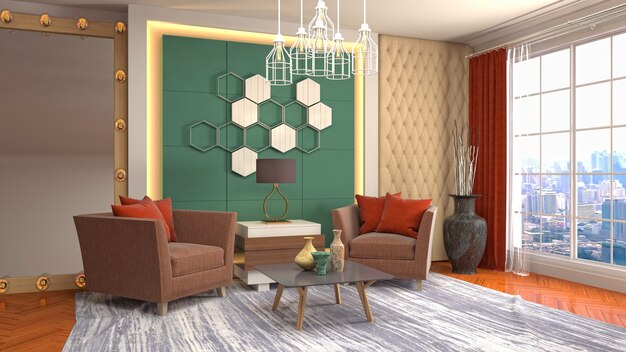 3D rendering of the living room interior