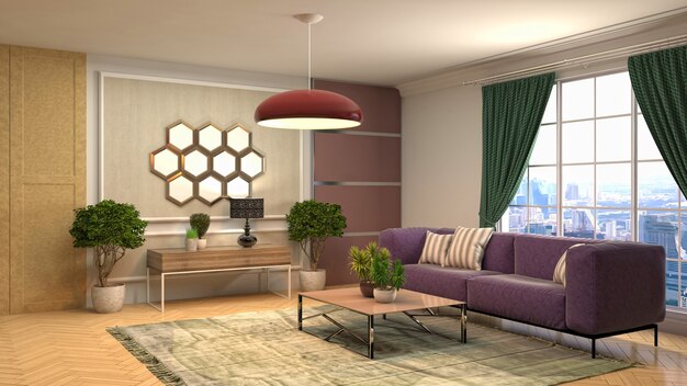 3D rendering of the living room interior