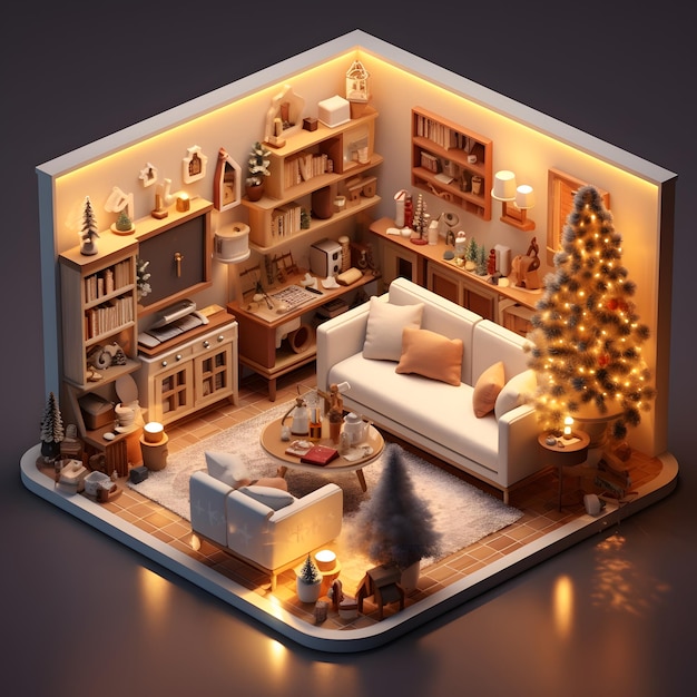 3D-рендеринг гостиной изометрический интерьер открытый вид Уютная рождественская атмосфера в теплом доме